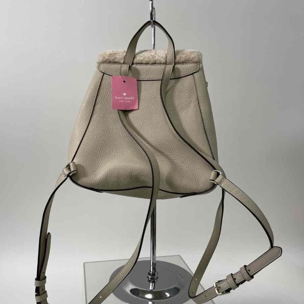 NWT Kate Spade Leila Leather Flap Backpack Faux Shearling in Light Sand - Picture 2 of 9